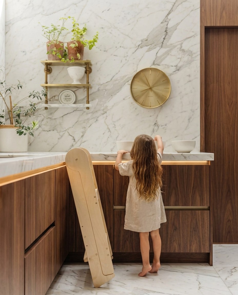 Folded learning tower leaning against a kitchen cabinet