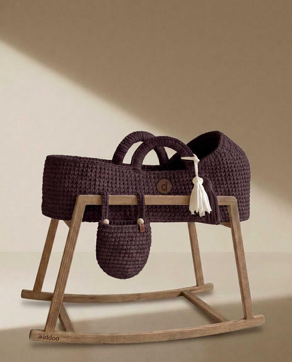 Fig handwoven Moses basket on the wooden rocking stand