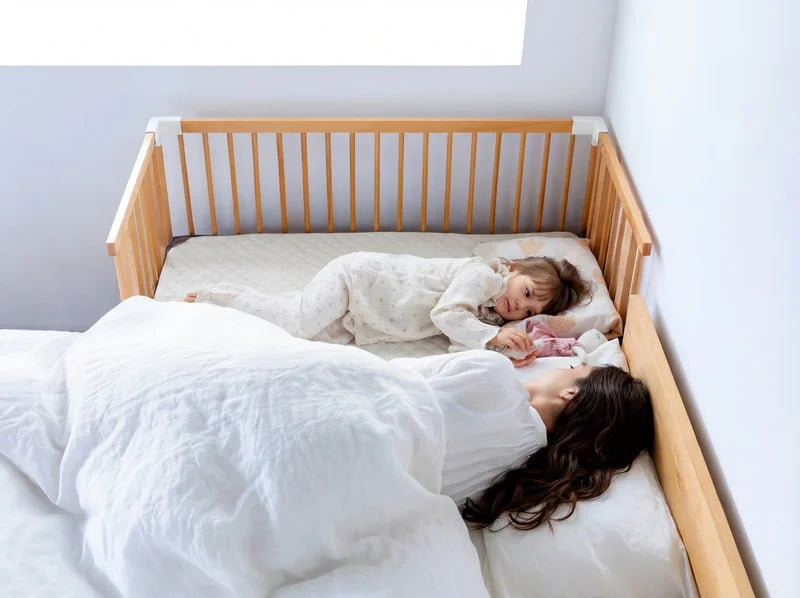 Mum and baby sleeping side by side - the Creative Cot Long pushed up against an adult bed