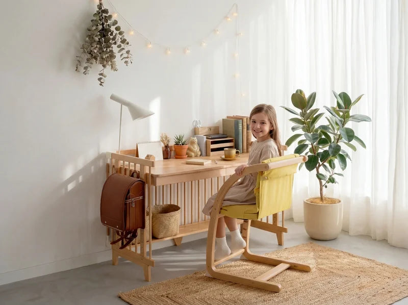 A schoolgirl at the Creative Cot Long study desk with a ScrollChair