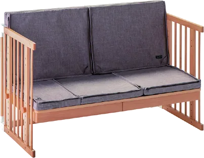 The Creative Cot Long in kids' sofa mode with Joint Mattress cushions