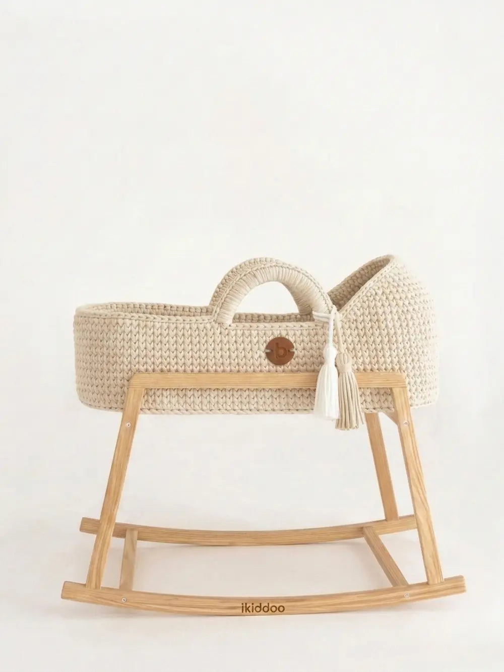 Ecru handwoven basket on the wooden stand in fixed mode