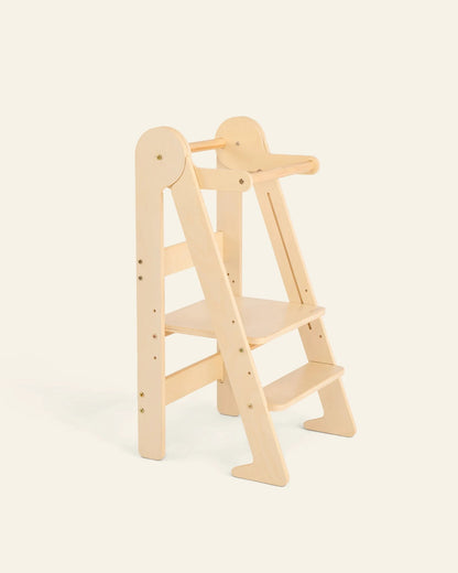 Mini Chef learning tower in natural birch, studio photo