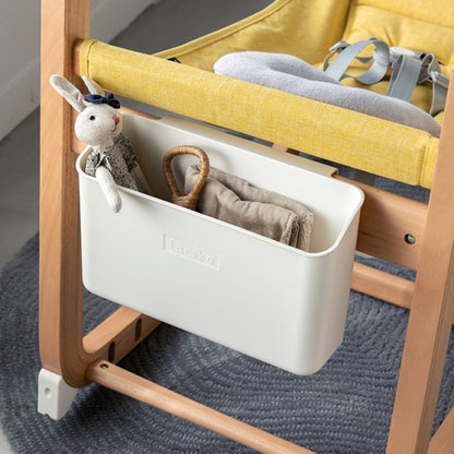Hanging Box with toys hooked on the Scroll Chair One frame