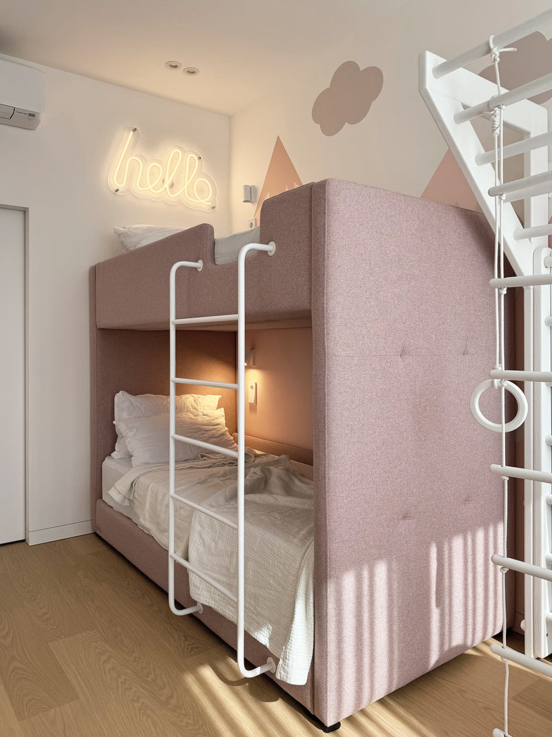 Completed kids room with pink bunk bed for two children