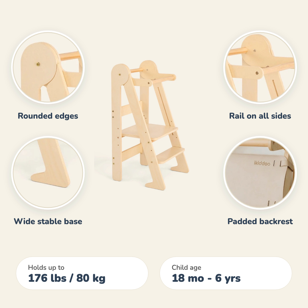 Mini Chef learning tower safety features: rounded edges, rail on all sides, wide stable base and padded backrest. Holds up to 176 lbs / 80 kg, for children 18 months to 6 years