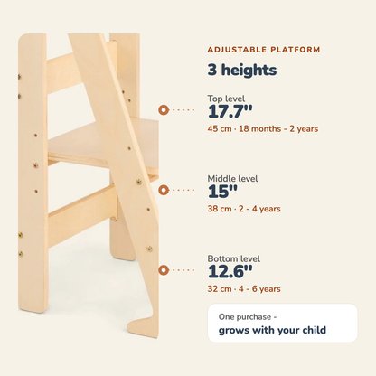 Mini Chef adjustable platform with three heights: 17.7 in / 45 cm, 15 in / 38 cm and 12.6 in / 32 cm - one tower that grows with your child from 18 months to 6 years