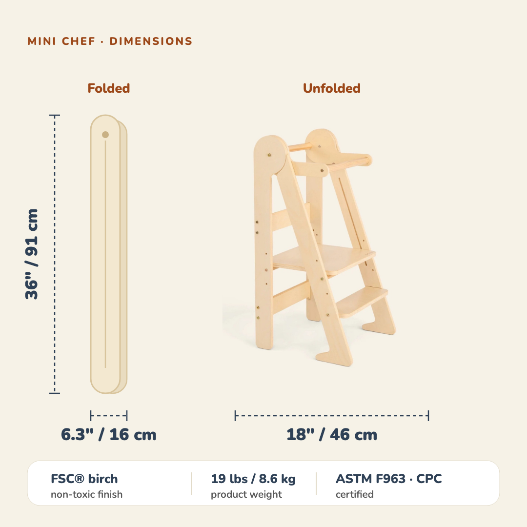 Mini Chef dimensions: unfolded 36 in / 91 cm tall and 18 in / 46 cm wide, folded only 6.3 in / 16 cm thick. FSC birch, 19 lbs / 8.6 kg, ASTM F963 and CPC certified
