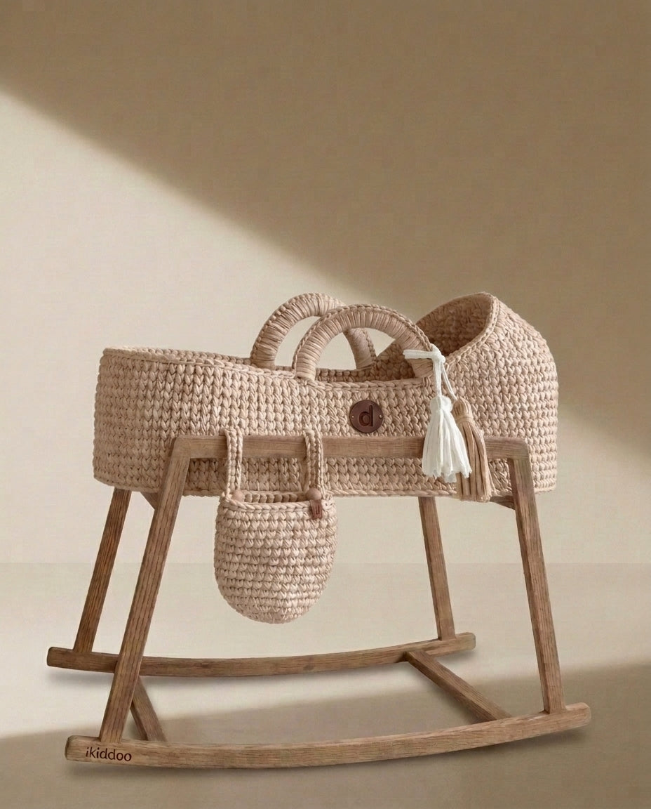 Pearl handwoven Moses basket on the wooden rocking stand
