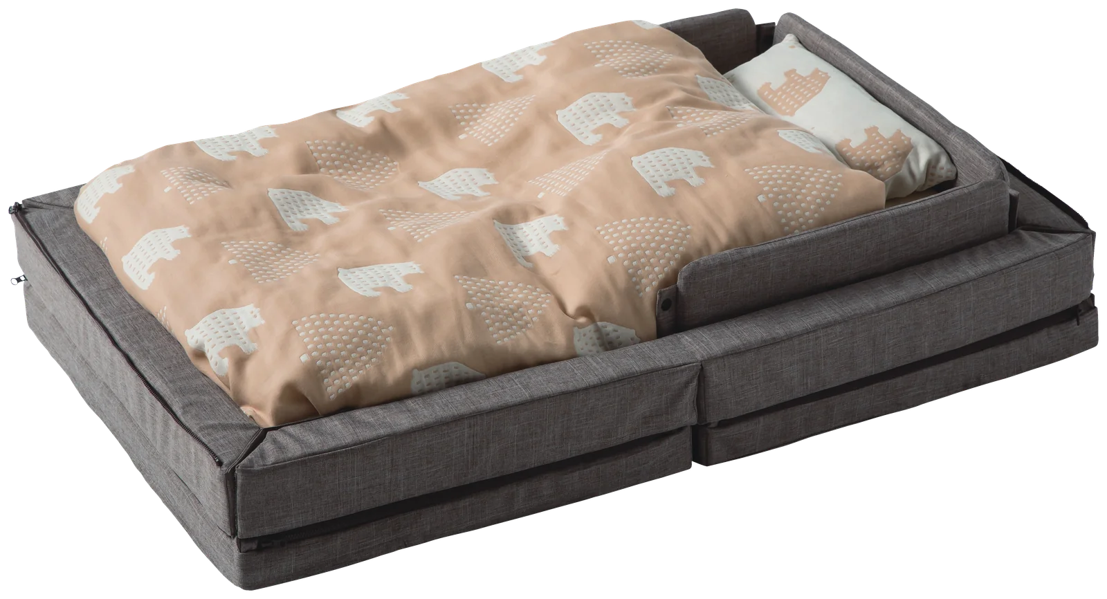 The Compact Bed Free open with the bear-print blanket