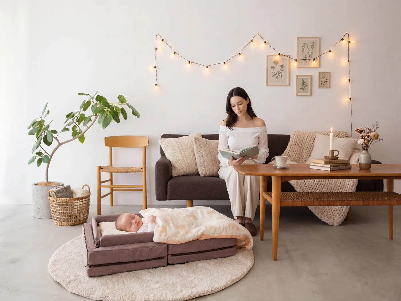 A mother relaxing while her baby sleeps in the Compact Bed Free nearby