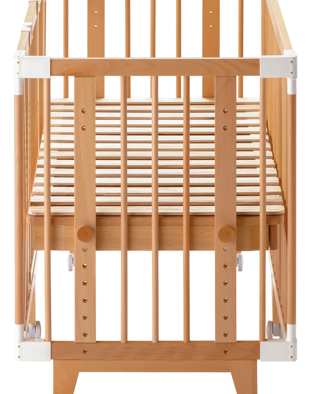 Creative Cot Long from the front: rows of holes for the 28 height settings