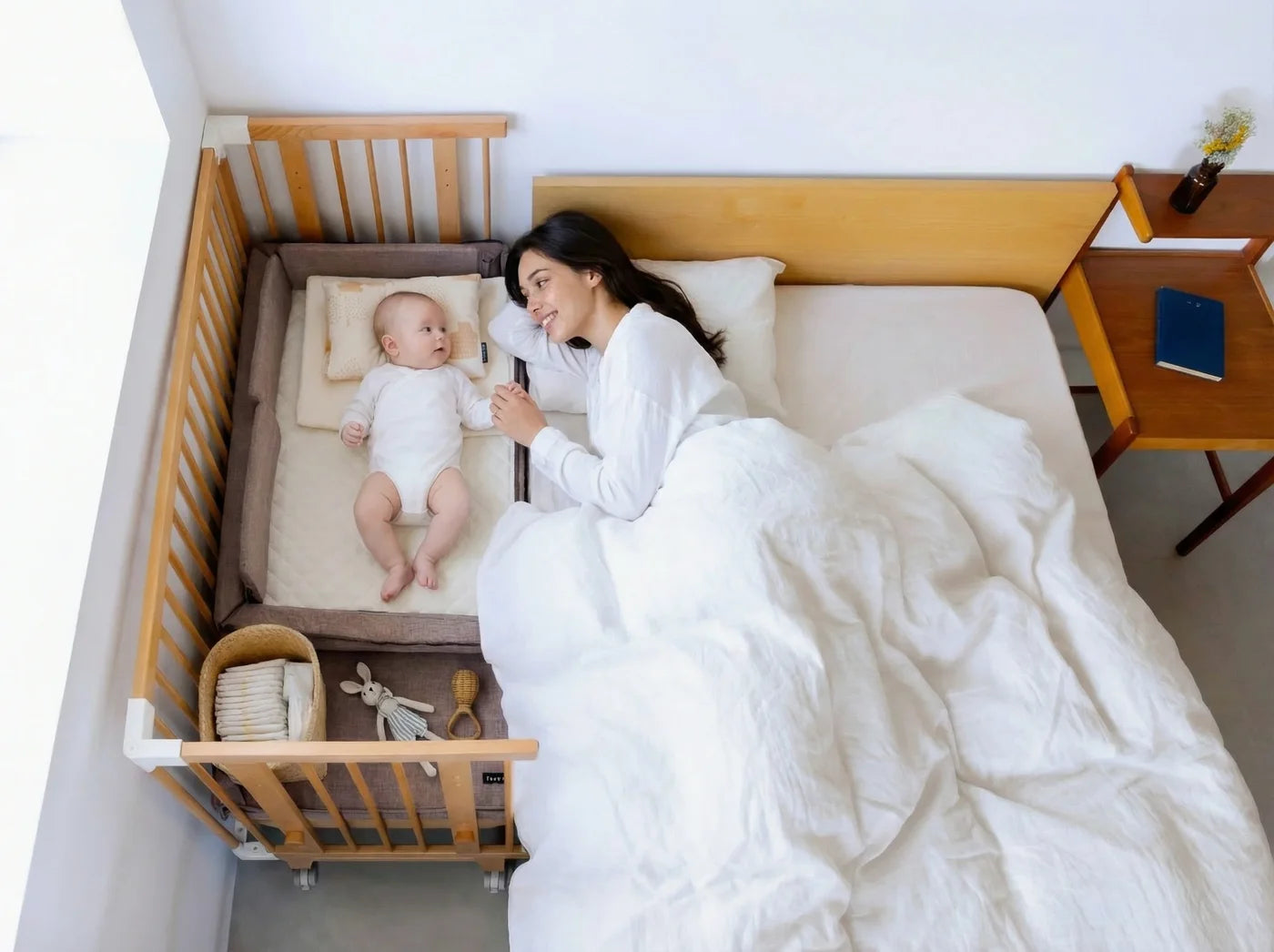 A mother in her own bed beside her baby in the Creative Cot Long bedside cot