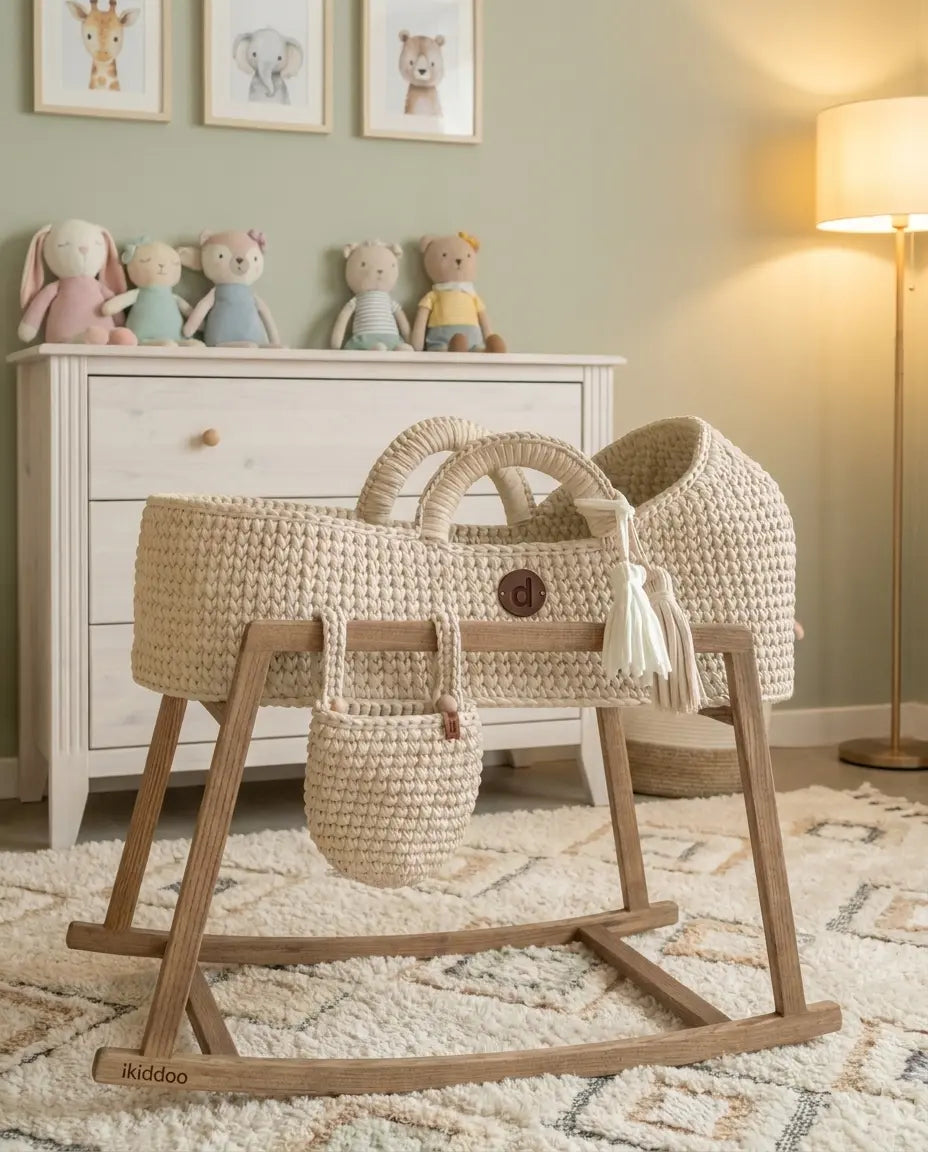 White basket with hood on a wooden rocking stand