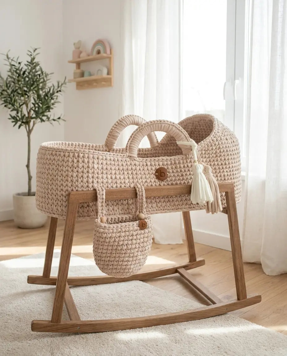 Handwoven basket resting on the curved rails of the rocking stand in a warm room